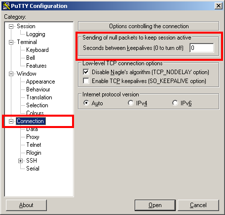 keepalive settings in PuTTY